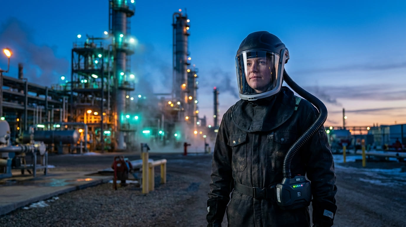 Worker in a 3M powered air-purifying respirator